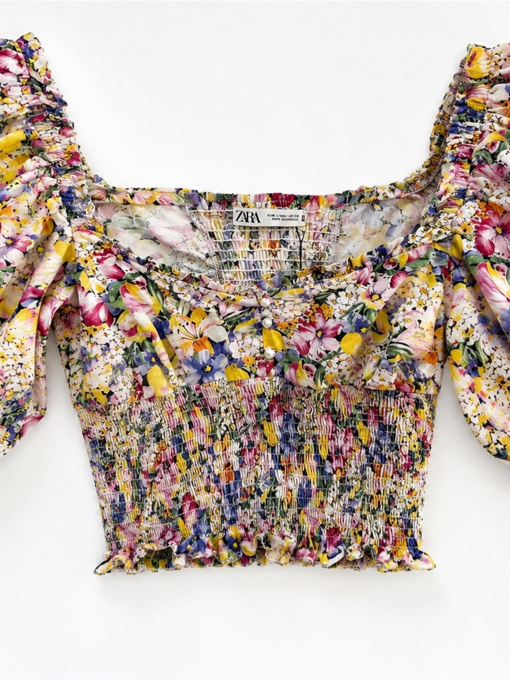 Zara Yellow Multi Colored Floral Smocked Puff Sleeve Cottagecore Top Size Large - Picture 3 of 5